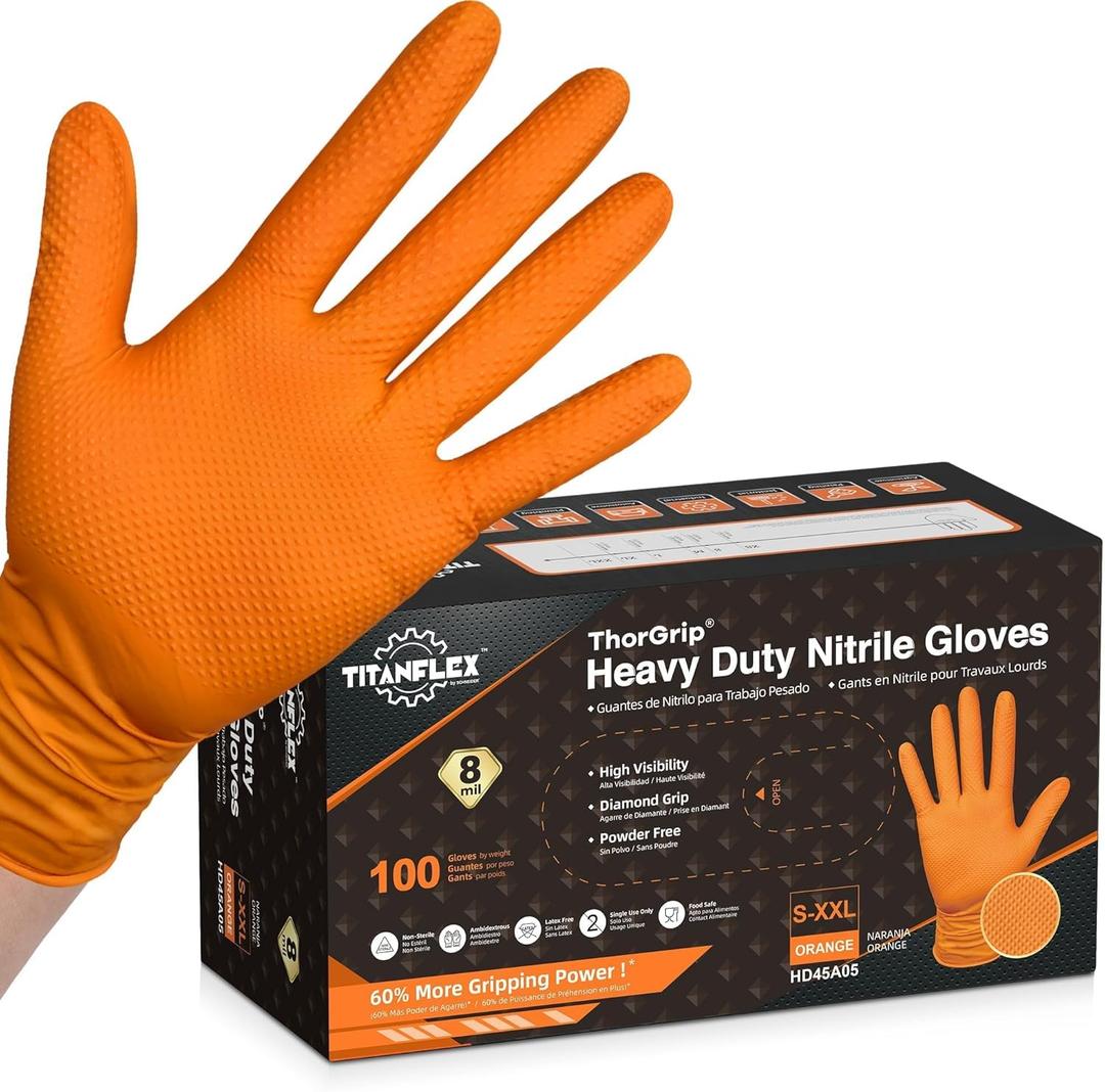 TitanFlex Heavy Duty Orange Industrial Nitrile Gloves with Raised Diamond Texture, Latex Free (6mil/8mil)