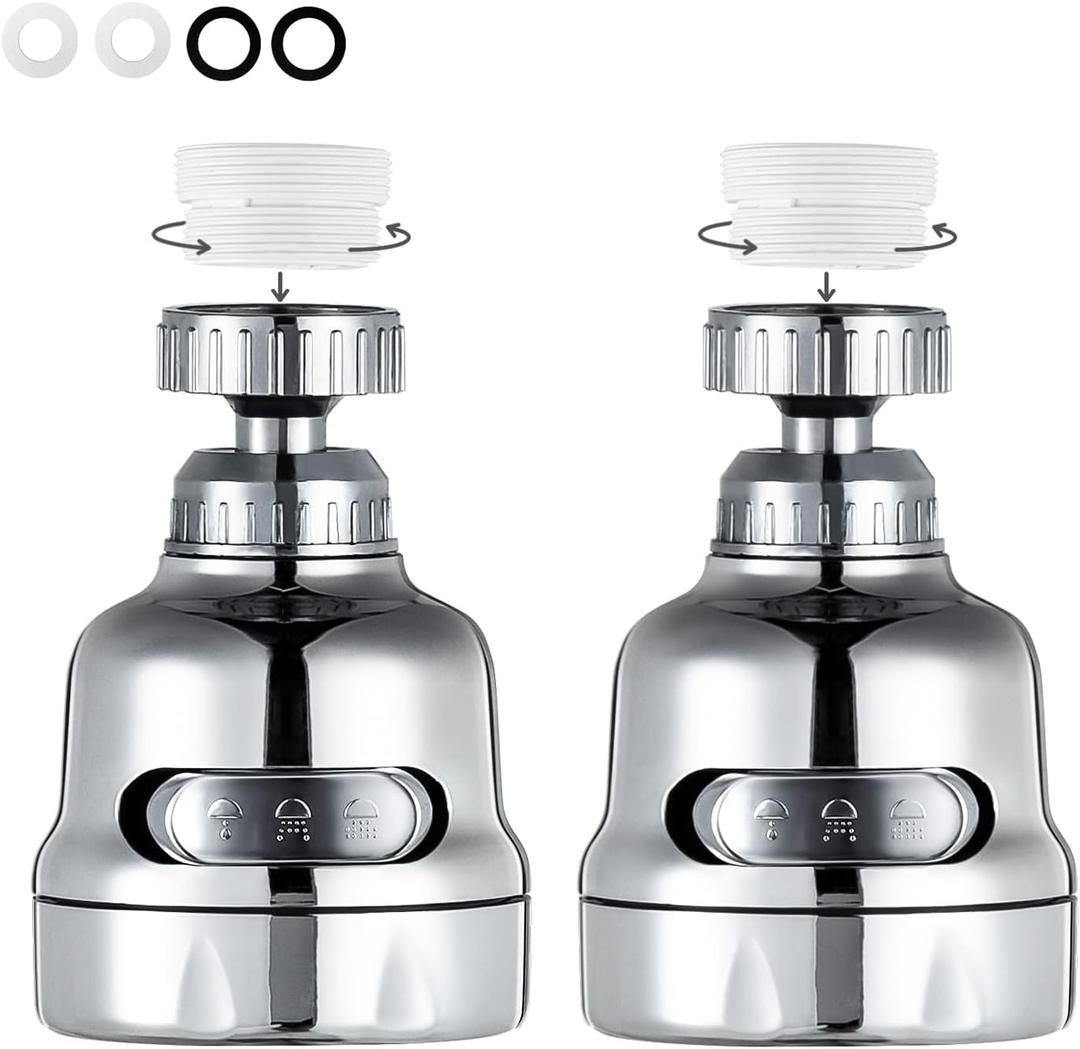 Faucet Sprayer Attachment, 360 Degree Rotating Faucet Aerator Accessories, 3 Mode Adjustable Kitchen Sink Tap Head Water Saving Extend Nozzle Chrome Plated,(Pack of 2)