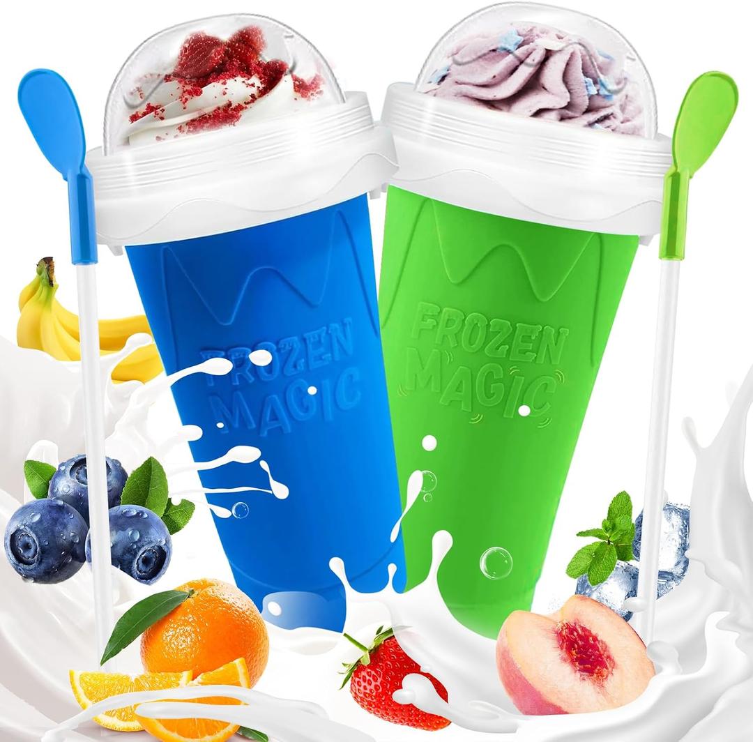 FANS-ONE Slushie Cup, 2 Pack Slushy Maker Cup, Frozen Magic Squeeze Cups for Juice Milk Yogurt Ice Cream Make, DIY Cooling Cup with Lid & Straw Cool Stuff Things for Kids Friends Family (Blue+Green)