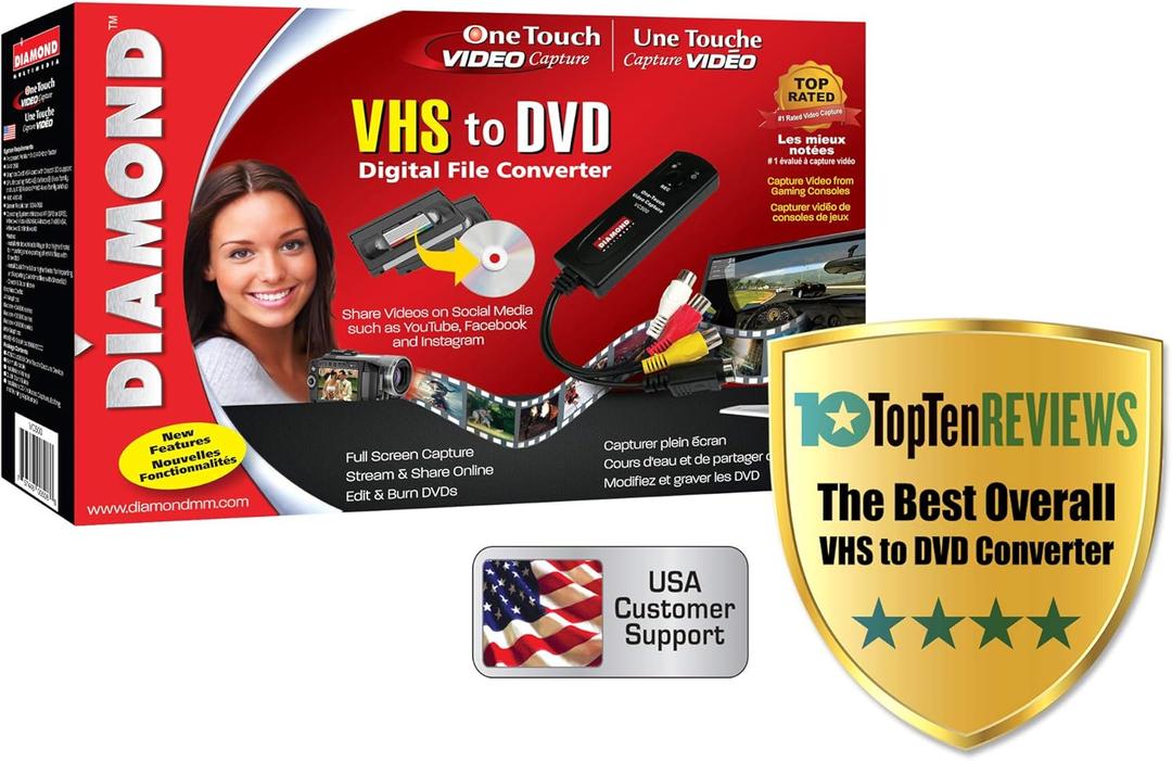 Diamond Multimedia VC500 One Touch VHS to Digital File, DVD Converter with Easy to use Software, Convert, Edit and Save For Win7,8,10,11