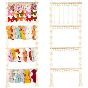 Headband Holder - Bow Holder for Baby Girl  Macrame Bow Organizer for Baby Girl w/ 48 Metal Hooks, 6 Slings & Wooden Bead  Space Saving Baby Bow Organizer  Ideal Baby Bow Holder for Expecting Moms