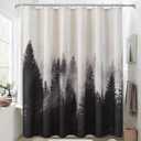 ORTIGIA Mountain Forest Shower Curtain Heavy Blend Linen Fabric, Black Nature Tree, Foggy Woodland Bathroom Curtain, 72x72 Inch, Includes 12 Metal Hooks.