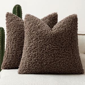 Woaboy Faux Fur Throw Pillow Covers 20x20 Inch Set of 2 Boucle Neutral Decorative Sherpa Fuzzy Accent Soft Sheepskin Fleece Cushions Modern Home Decor for Couch Sofa Bedroom Living Room, Chocolate