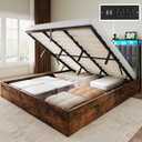 YITAHOME King Size Lift Up Bed Frame with Charging Station & RGB LED Lights, Linen Upholstered Storage Headboard Bed, Heavy Duty Wooden Slats, No Box Spring Needed, Noise Free, Rustic Brown and Grey