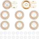 8Pcs Pearl Rhinestone Button Covers Alloy Flat Round White Button Cover Cufflinks with 20Pcs Plastic Buttons No Sewing Sleeve Clothing Buttons Clips for Birthday Christmas Wedding Gifts