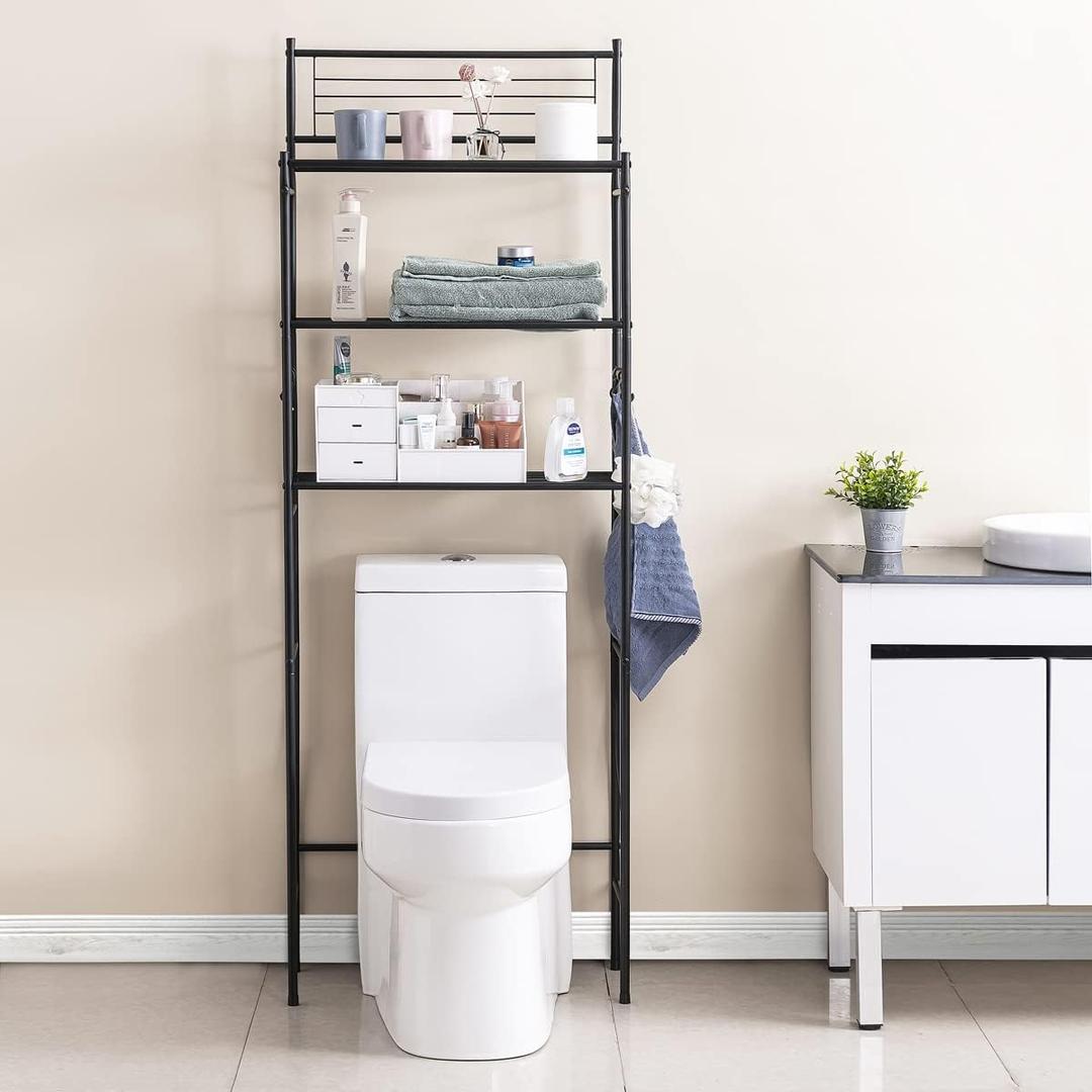 3-Shelf Over The Toilet Storage Bathroom Rack Space Saver Organizer Free Standing Metal Shelves with 4 Hooks, Black