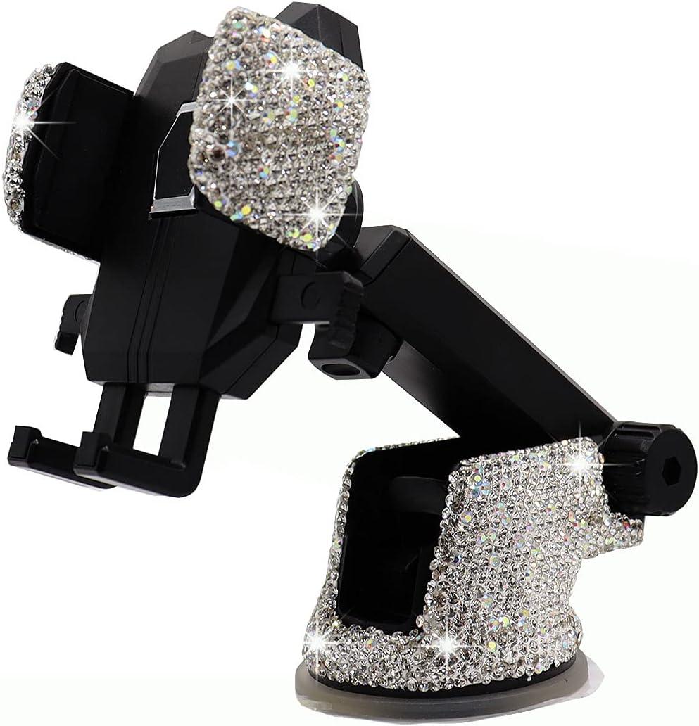 Bling Car Phone Mount Holder,Shiny Crystal Rhinestone Phone Stand for Women and Girls, Car Accessories for Windshield Dashboard,Compatible with Most Cellphones (White)