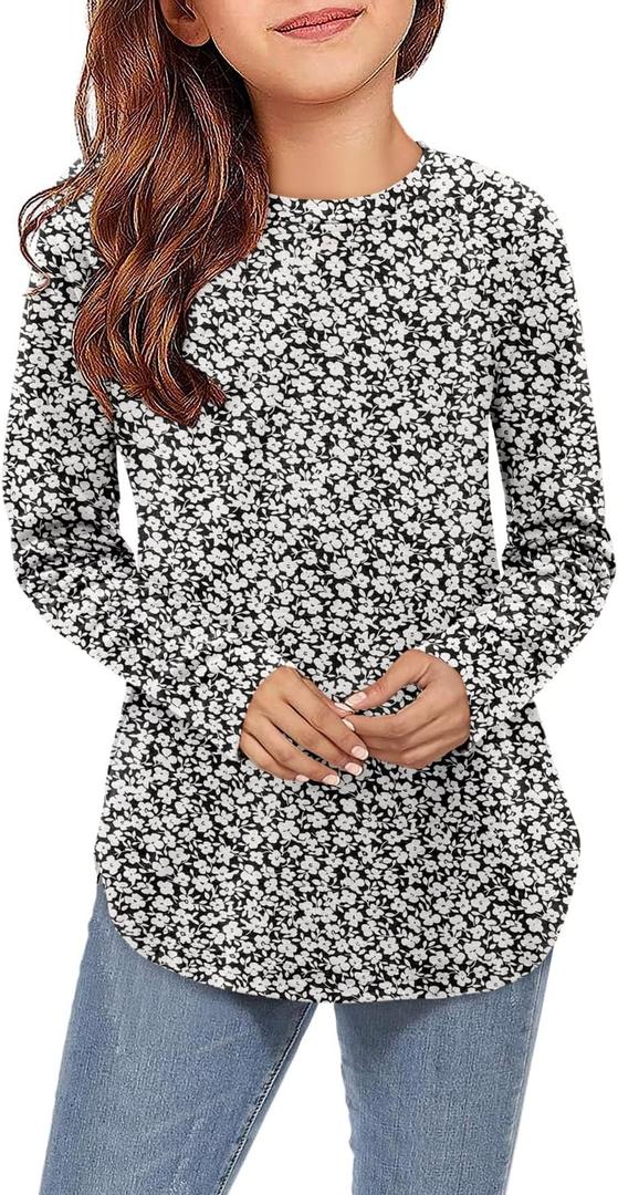 storeofbaby Girls Casual Long Sleeve Shirts Round Neck Tops Loose Fit Tunic Blouses (13-14 Years, B Flo Black)