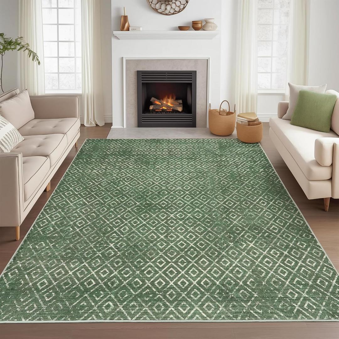 Valenrug Washable Rugs 5x7 - Stain Resistant Area Rugs for Living Room, Non Slip Backing Printed Rugs for Bedroom, Folable Machine Washable Area Rug(TH009-Green, 5'x7') (5' x 7' (Rectangular), 06-green)