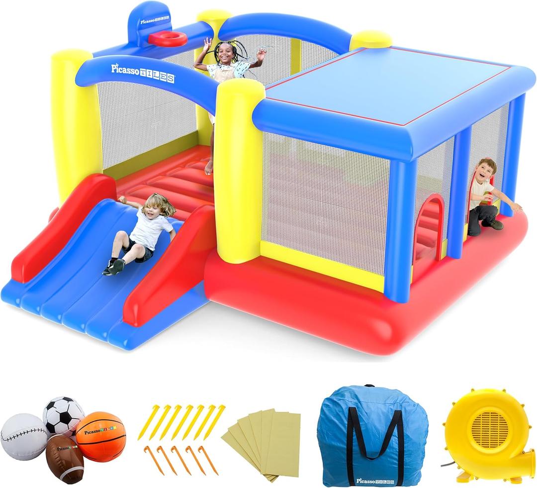[Upgrade Version] PicassoTiles KC102 12x10 Foot Inflatable Bouncer Jumping Bouncing House, Jump Slide, Dunk Playhouse w/Basketball Rim, 4 Sports Balls, Full-Size Entry, 580W ETL Certified Blower