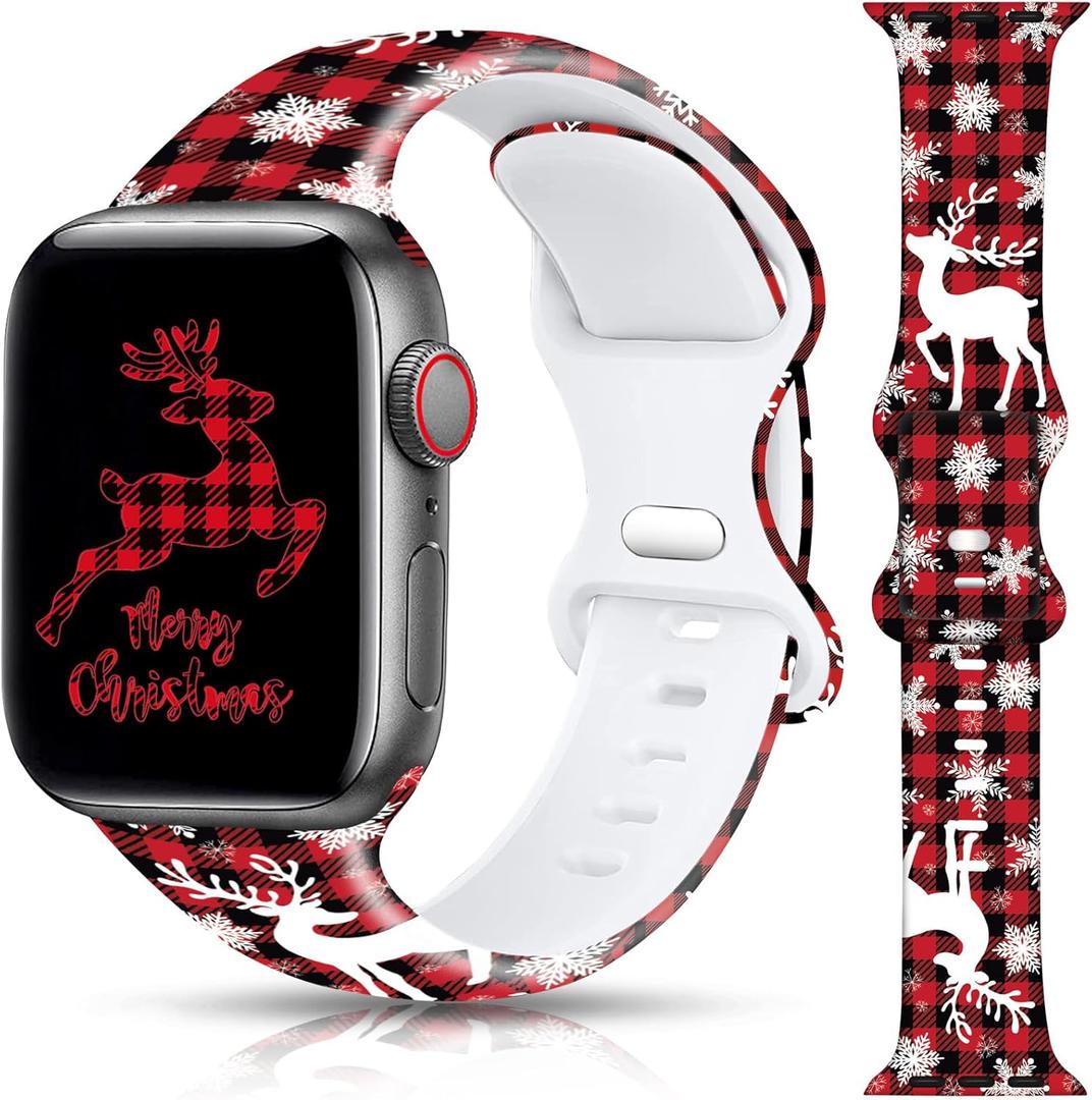 2 x Christmas Halloween Watch Band Compatible with Apple Watch Band 38mm 40mm 41mm 42mm 44mm 45mm 46mm 49mm, Christmas Holiday Replacement Strap Band for iWatch Series Ultra SE 10 9 8 7 6 5 4 3 (Red Plaid&Elk)