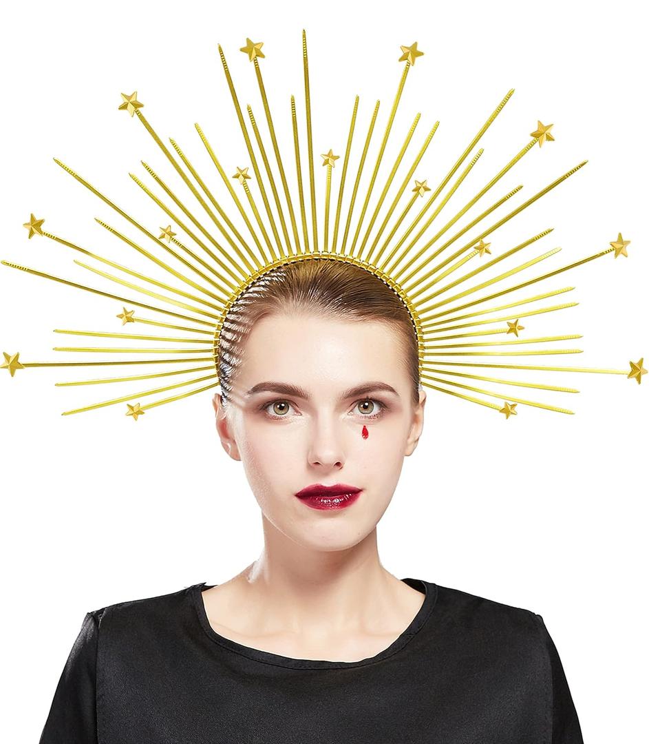 Fantherin Mary Halo Crown Headband Goddess Zip Tie Spiked Halo Crown Halloween Costume Headpiece Headdress for Cosplay Party (Star-gold)