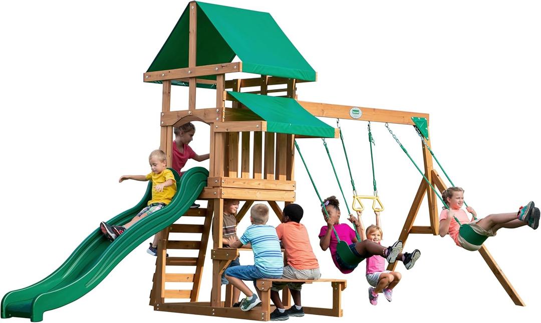 Backyard Discovery Belmont Cedar Wood Swing Set with Wave Slide, Play Deck, Rock Wall Ladder, Snack Bar Window, Shaded Picnic Area, Bench, Belt Swings, Trapeze, Sandbox Area, Canopy, Outdoor Playset (Large, Green)