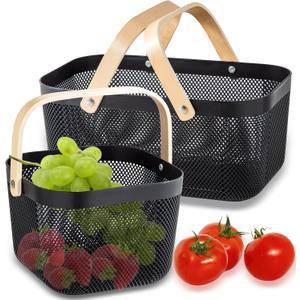 Nexboraque 2 Pack Plastic Picnic Baskets, Mesh Harvest Basket with Foldable Wooden Handle, Rectangle Fruit Vegetable Storage Organizer Bins for Gathering, Kitchen, Pantry, Black