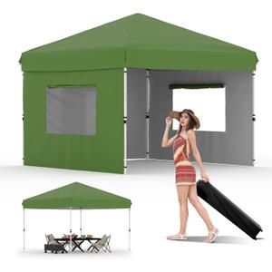 10x10 Pop Up Canopy Tent Outdoor Canopy with 3 Removable Sidewalls One-Person Set Up Heavy Duty Commercial Instant Tent Shelter-Green