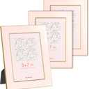 Fun Memories 5x7 Picture Frame - 3pcs Pink Enamel Glass Photo Frame with Gold Metal Edge & Easel for Display Picture Frame on Countertops, Tabletops, Bookshelves, Desks, Walls (Pink/Gold)