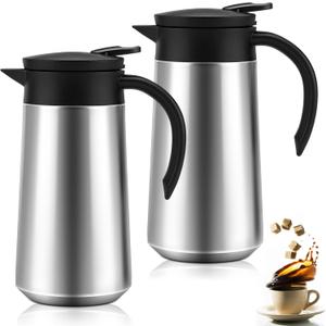Ziliny 2 Pcs 27oz Thermal Coffee Carafe Stainless Steel Coffee Pot for Keeping Hot/cold Insulated Double Walled Vacuum Tea Pot with Press Button Drink Beverage Dispenser for Milk Tea(Silver)
