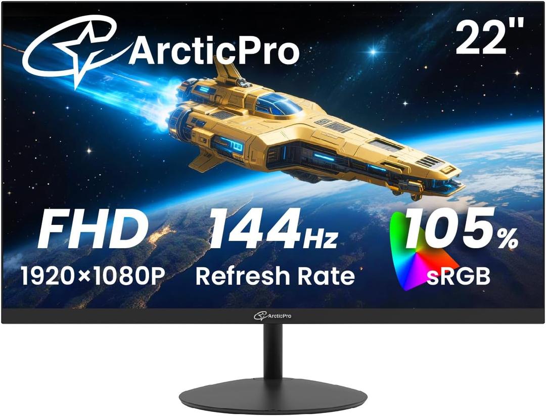 ArcticPro 22 inch 144Hz 100Hz Monitor, Full HD (1920 x 1080p) Computer Monitor, 105% sRGB, 3000:1 Contrast, 3-Sided Frameless, Ultra Slim, VESA, LowBlue Mode, Tilt Adjust, HDMI *1, VGA*1