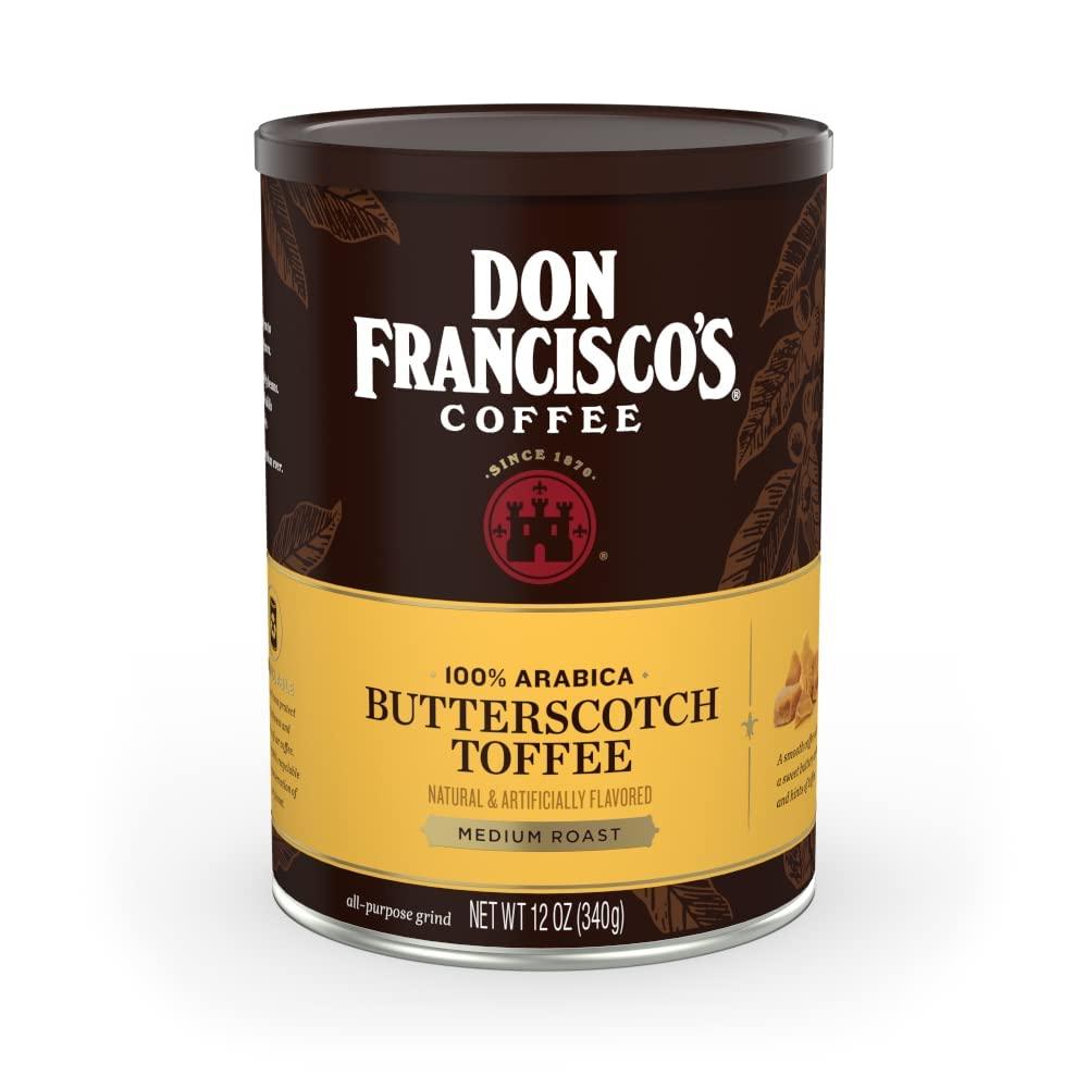 Don Francisco's Butterscotch Toffee Ground Flavored Coffee: Rich 100% Arabica Beans with Sweet Buttery Aroma - Family-Crafted for Delightful Mornings (12 oz Can) (BB: 12/15/2027)