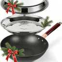 12.5-Inch Carbon Steel Wok Pan with Lid: Woks & Stir-Fry Pans Nonstick with Steamer for Cooking Pan Set, Large Deep Chinese Frying Saute Pan Wok Skillet, Induction Compatible, Stay-Cool Handle, Gifts