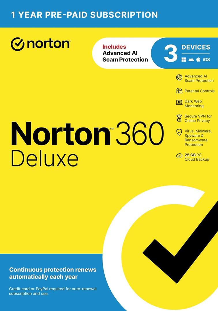 Norton 360 Deluxe, Antivirus software for 3 Devices with Auto-Renewal  Includes Advanced AI Scam Protection, VPN, Dark Web Monitoring & PC Cloud Backup [Key Card]