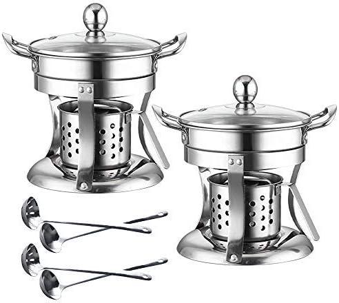 Shabu hot pot Stainless Steel Chafing Dishes hotpot single Mini cooking pot Cookware Non-Magnetic Burner with 2 spoons