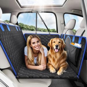 Back Seat Extender for Dogs, Dog Car Seat Cover for Back Seat Hard Bottom - Holds 330lbs Waterproof Back Seat Pet Cover for Dogs with Mesh Window & Pocket, Dog Hammock for Car, Small Truck, SUV (Black + Blue)