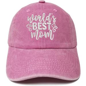 World's Best Mom Hat for Women, Gift of Mothers Day, Washed Pink Baseball Cap for Mother, Adjustable Cotton Snapback Dad Hat