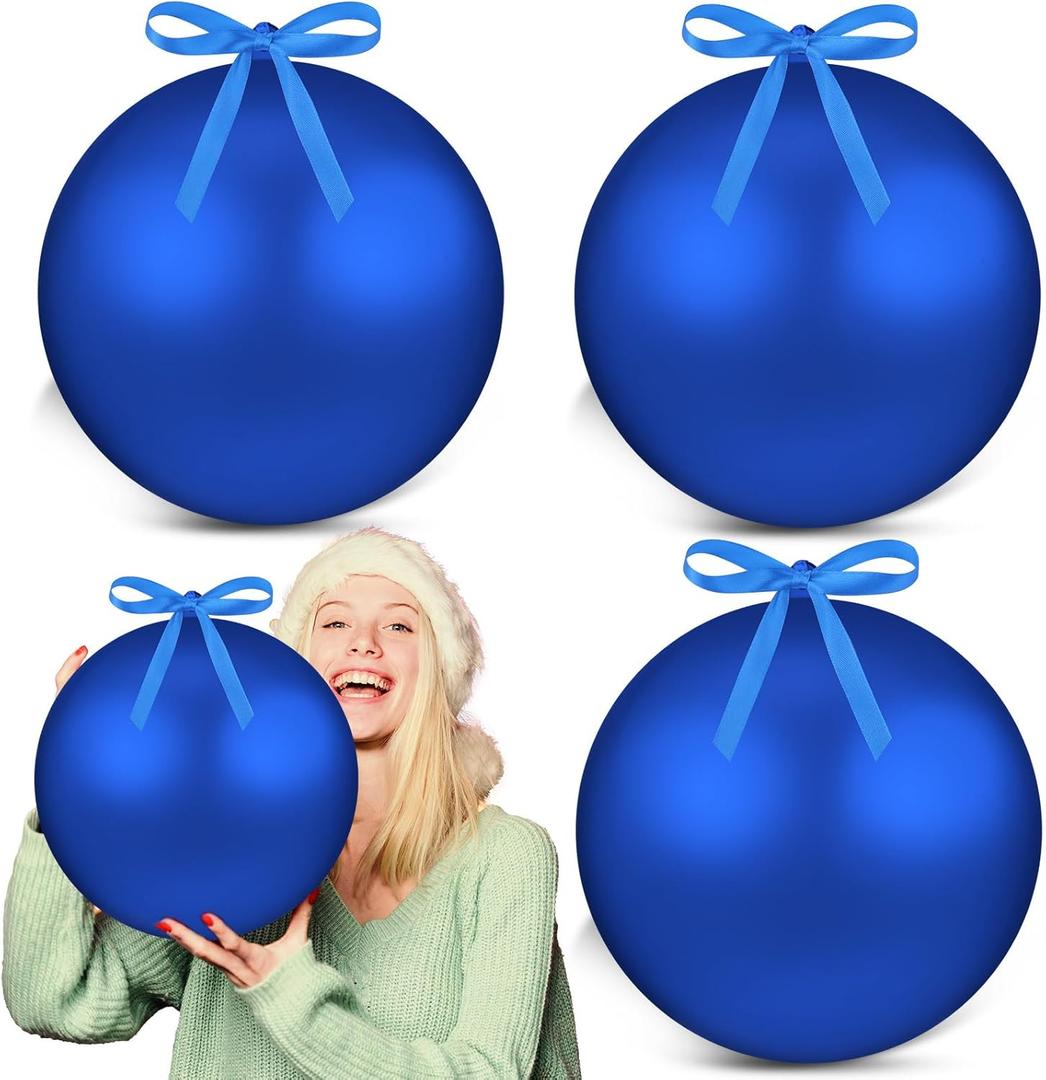 Zubebe 4 Pcs 8" Giant Fillable Christmas Ornaments with Ribbons Oversized Matte Plastic Xmas Balls for Outdoor Yard Decor, Tree Hanging(Blue)