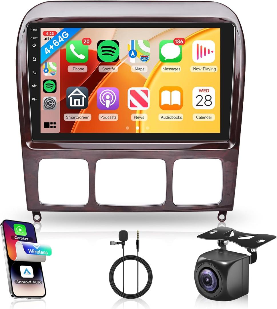 4G+64G Car Radio for Mercedes Benz S Class W220 S280 S320 S350 S400 S430 S500 S600 AMG 1998-2005, Rimoody Car Stereo Wireless Carplay Android Auto 9'' Touchscreen GPS -WiFi Mirror Link