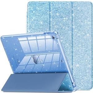 INFILAND for iPad 9th/8th/7th Generation - 10.2 inch Glitter Case, Blue with Clear Back, Pencil Holder for Kids