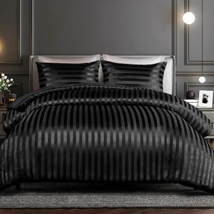 Whale Flotilla 3-Piece Reversible Silky Soft King Size Comforter Set, Luxury Stripe Satin Oversized Comforter Bedding Set with 2 Satin Pillowcases, Lightweight Duvet for All Seasons, Black
