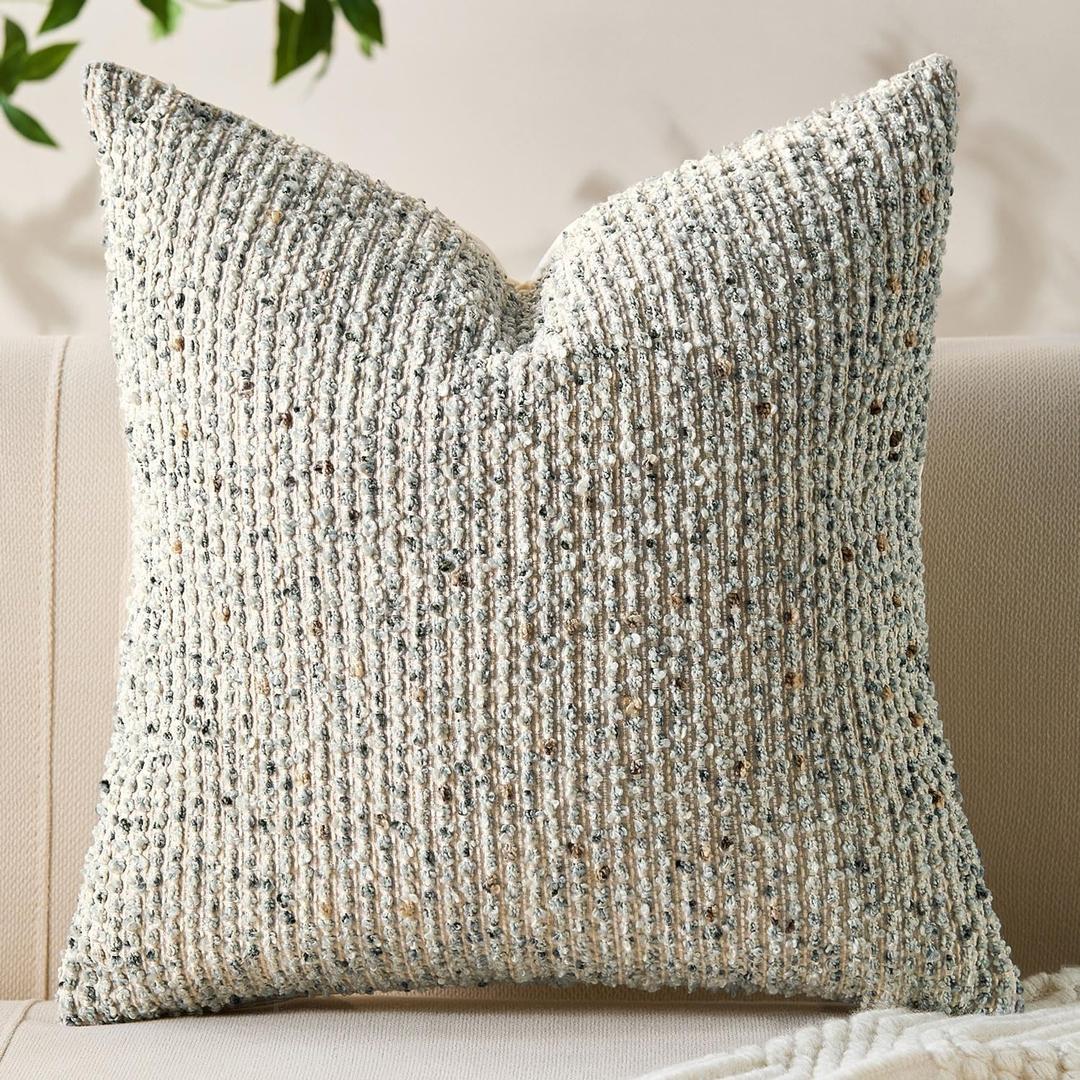 Decorative Couch Throw Pillow Covers 22x22 Cream Gray Striped Soft Wool Pillow Covers Neutral Textured Boho Cushion Covers for Modern Farmhouse Sofa Bedroom Living Room Decor SY011-B22