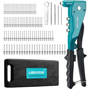 Libraton Heavy Duty Rivet Gun, Pop Rivet Gun Set, Professional Hand Riveter, Manual Riveting Tool with 110Pcs Rivets and 4 Interchangeable Heads, for Metal, Wood and Plastic