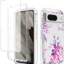 Case for Pixel 8 Case, for Google 8 GKWS6 G9BQD Case with Tempered Glass Screen Protector, Soft 360 Full Body Shockproof Hybrid Crystal Clear Case Cover for Google Pixel 8 Rose Flower