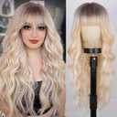 Lativ Blonde Wig With Bangs Long Ombre Blonde Wig with Dark Roots for Women Wavy Curly Heat Resistant Synthetic Fiber Wigs for Daily Party Use 26 Inches