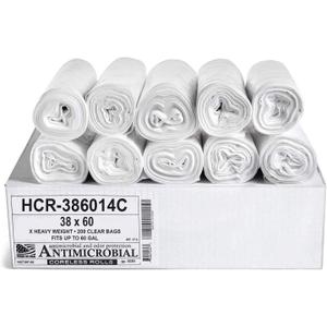 Aluf Plastics High Density Trash Bags, 60 Gallon, 200 Count, 14 Micron (eq), 38" x 60", Clear, for Bathroom, Office, Industrial, Commercial, Janitorial, Municipal, Recycling