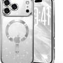 Glitter for iPhone 17 Pro Max Case with Eye-catching Integrated Lens Protection, [Seamless Work with Magsafe] [Sparkly Bling Back Panel] Cute Women Girly Magnetic Case for iPhone 17 Pro Max Silver