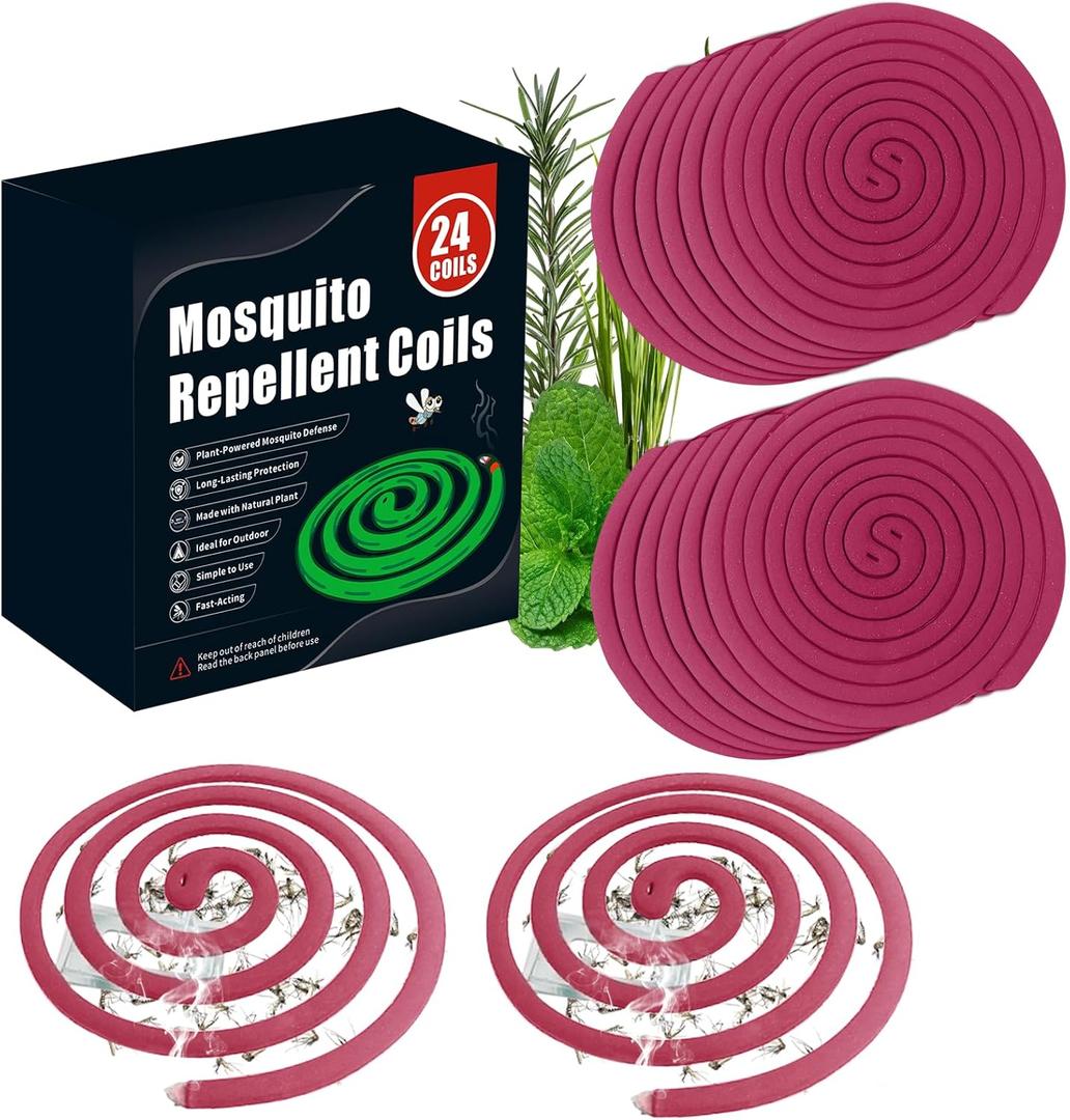 24 Mosquito Coils with 6 Metal Stands, 6-8 Hours/Burn Mosquito Repellent Outdoor Patio, Garden, Camping & Backyard Mosquitoes Repelling, Natural Mosquito Repellent Coils Safe for Kids & Pets (Pink)