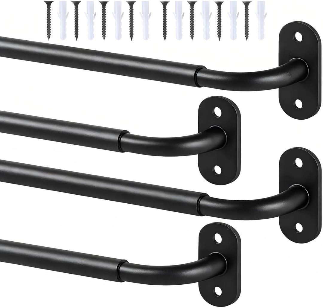 French Door Curtain Rod Adjustable 18"-32", 1/2" Diameter Window Cafe Curtain Rods, Screwed Sash Rod for Door Window, Black, 4 Pack