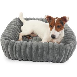 Rectangle Dog Bed for Small Dogs Washable Furry Puppy Beds,Orthopedic Soft Calming Warming Sleeping Cat Bed with Sides,Cozy Corduroy Fleece Square Pet Beds for Large Cat and Puppy,Warm Grey 20x19 Inch