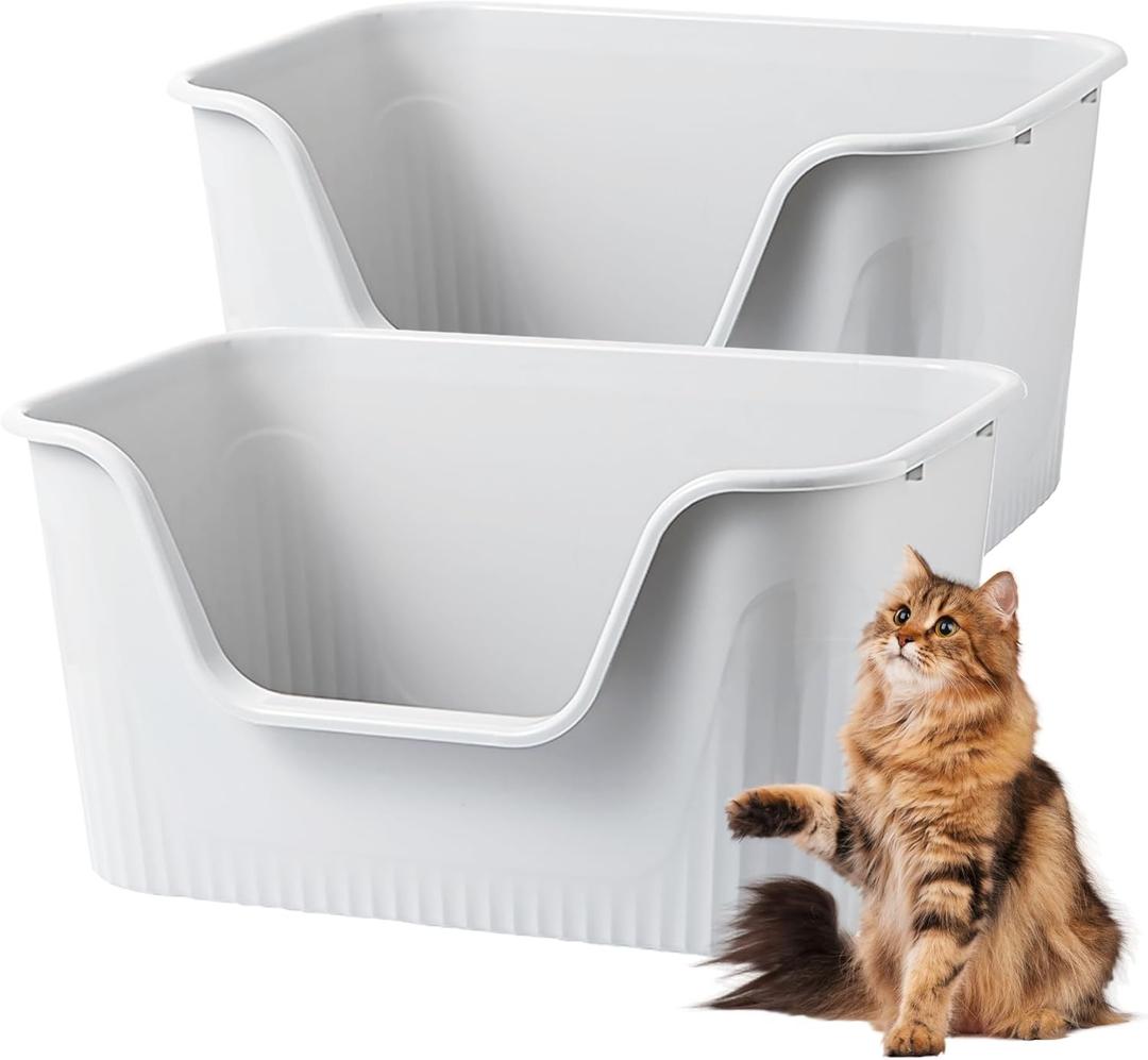Vealind 2-Piece Extra Large Low Entry High Sided Cat Litter Box, Jumbo Litter Boxes for Indoor Cats XL Cat Litter Box for Big Cats, Big Tall Deep Giant Kitty Litter Box Grey