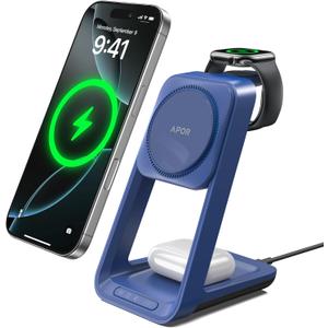 3 in 1 Charging Station for iPhone, Magsafe Wireless Charger with Cooling Fan for iPhone 17 16e 16 15 14 13 12 Series & Apple Watch Charger, Wireless Charging Station for AirPods 4/3/Pro (Blue)
