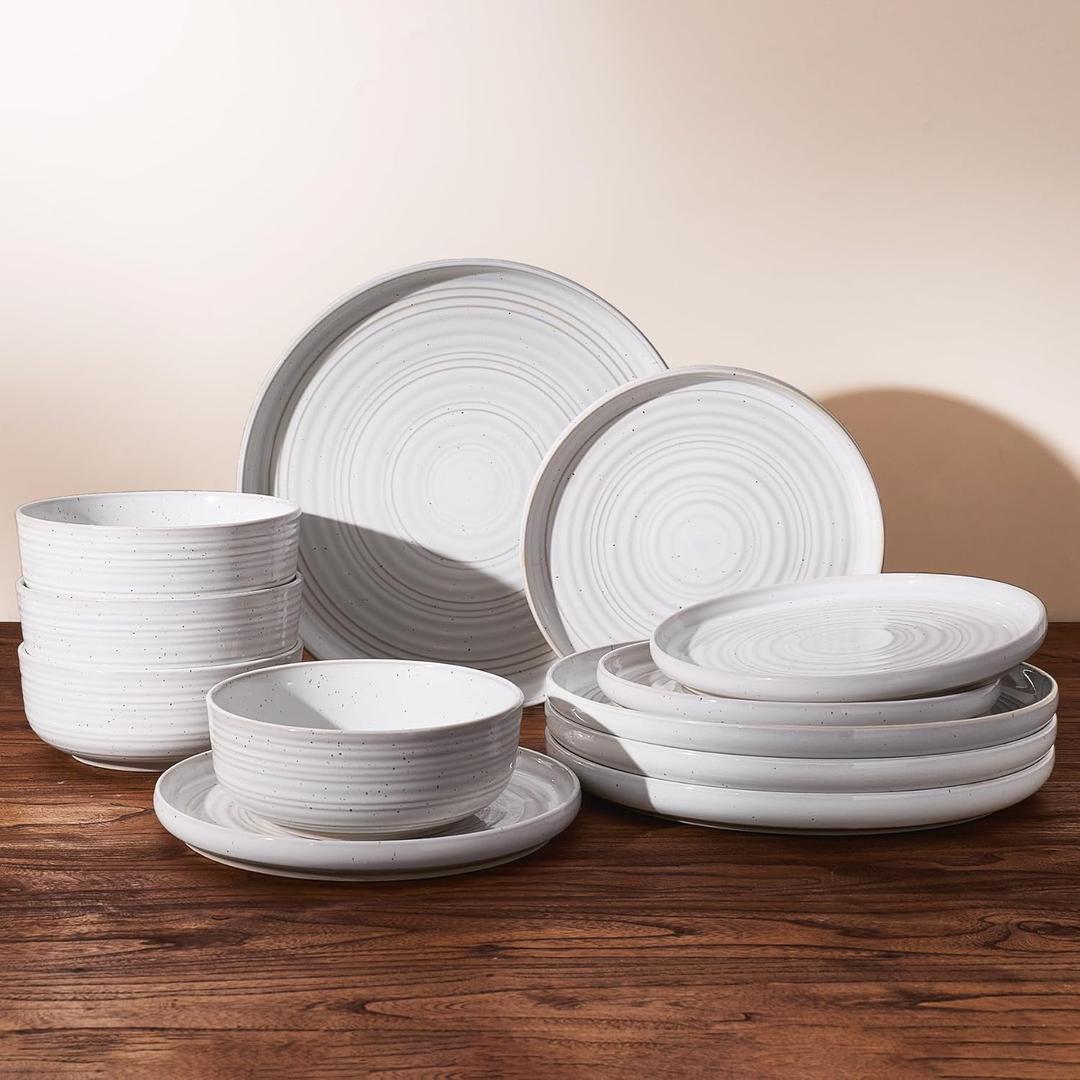 12-Piece Stoneware Dinnerware Set, Flared Plates & Bowls with Reactive Glaze, Speckles & Spirals, Chip & Scratch Resistant Dishes, Dishwasher Safe, Modern Rustic, Service for 4, White