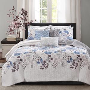 Madison Park Luna Quilt Modern Classic Design All Season, Breathable Coverlet Lightweight Bedding Set, Matching Shams, Decorative Pillow, Full/Queen(90"x90"), Floral Blue 6 Piece