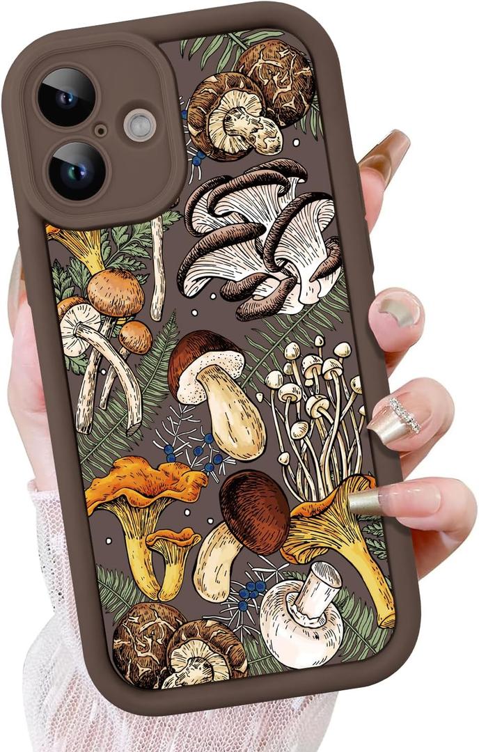 KANGHAR Case for iPhone 16 Plus Case, Cute Mushroom Art Design Soft TPU Shockproof Protective for Women Girls Slim Phone Cover-Brown