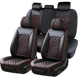 Huidasource Seat Covers for Car, Full-Cover Nappa Leather Car Seat Covers Full Set Waterproof, Black Car Seat Cover Front  Back Seat Fit for Most Cars, Vans, Trucks, SUVs (Full Set/Black&Red)