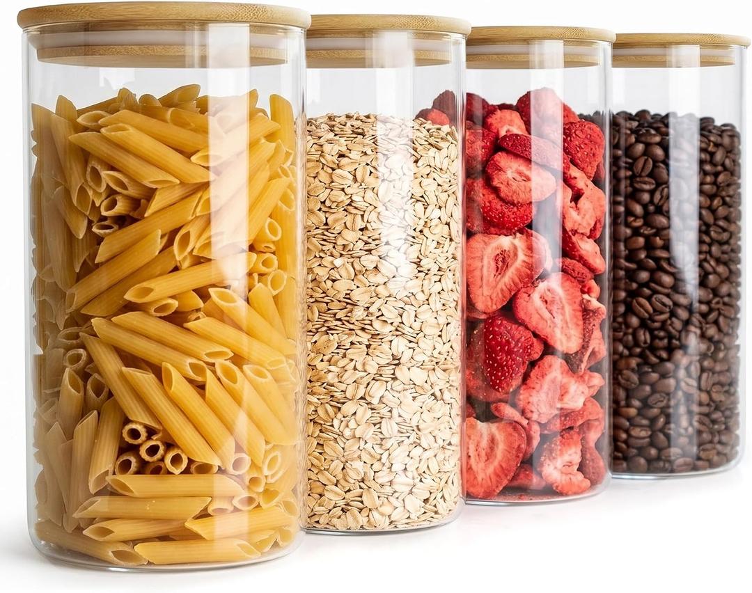 4-Pack Glass Storage Jars with Bamboo Lids, 1200ml Airtight Food Storage Containers, Clear Pantry Organizers and Storage Canisters Set for Cereal, Snack, Candy, Kitchen