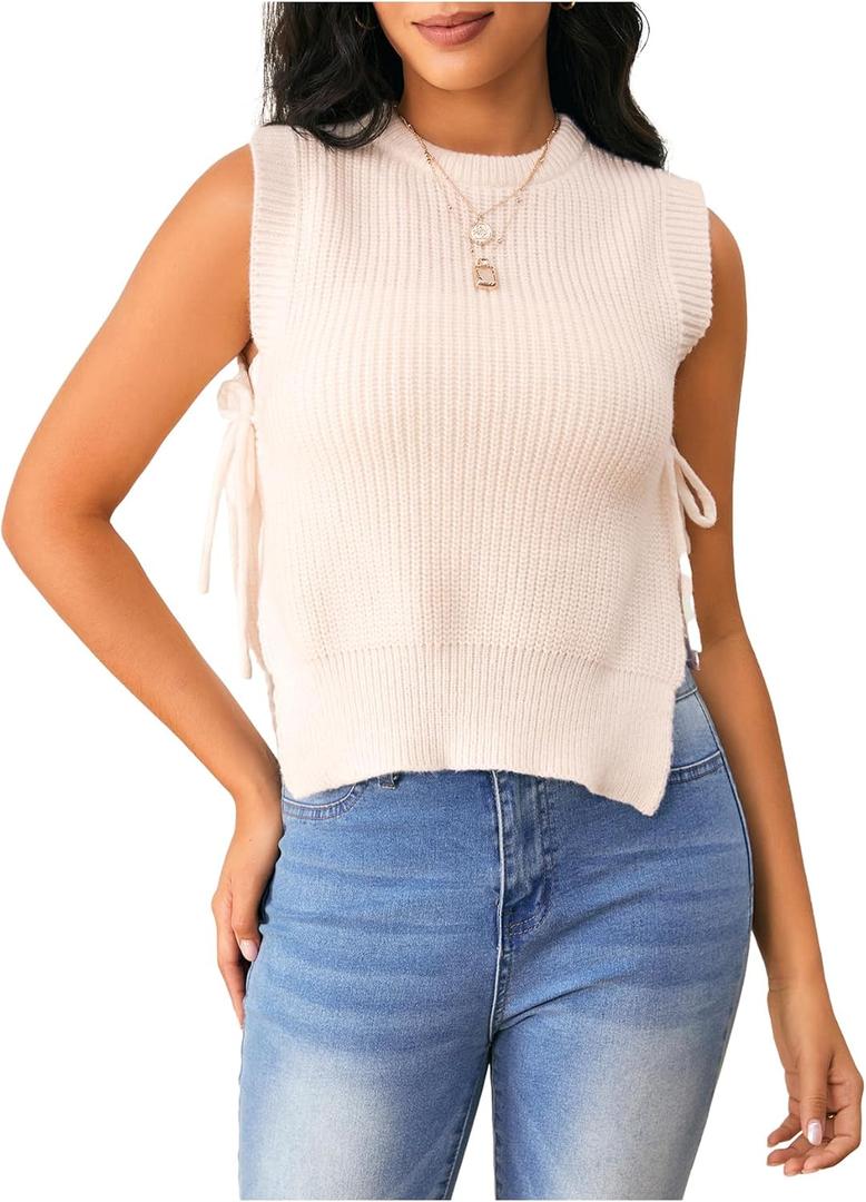 Verdusa Women's Crochet Knit Vest Crop Tank Top Sleeveless Split Tie Side Sweater Vests (X-Large, Beige)