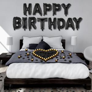 Black Happy Birthday Balloons Decorations Happy Birthday Letter Balloons Banner Set with 24pcs Round Flameless LED Candles and 2000pcs Artificial Rose Petals for Women Men Room Party Decor